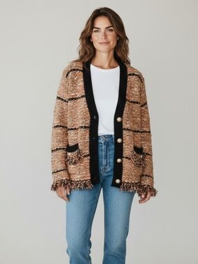 R Fashion & Accessories Textured Tweed Knit Cardigan Jacket | Fringe | S/M | NWT